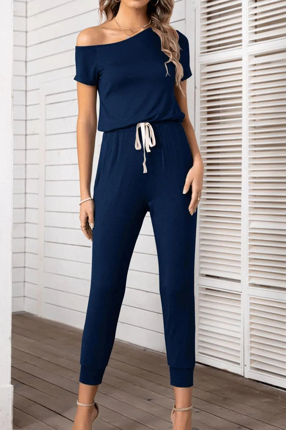 Asymmetrical Neck Short Sleeve Jumpsuit BLUE ZONE PLANET