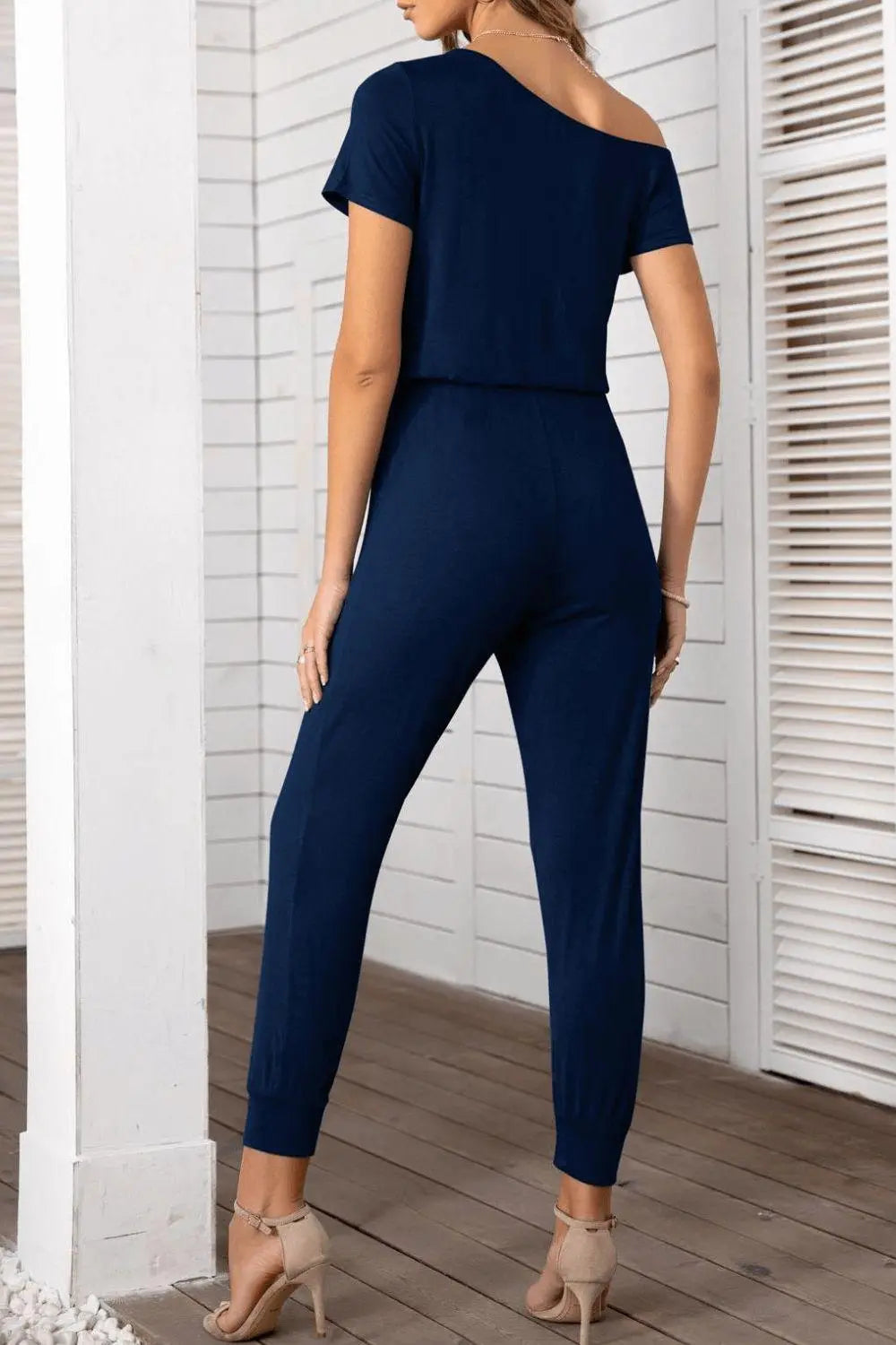 Asymmetrical Neck Short Sleeve Jumpsuit BLUE ZONE PLANET