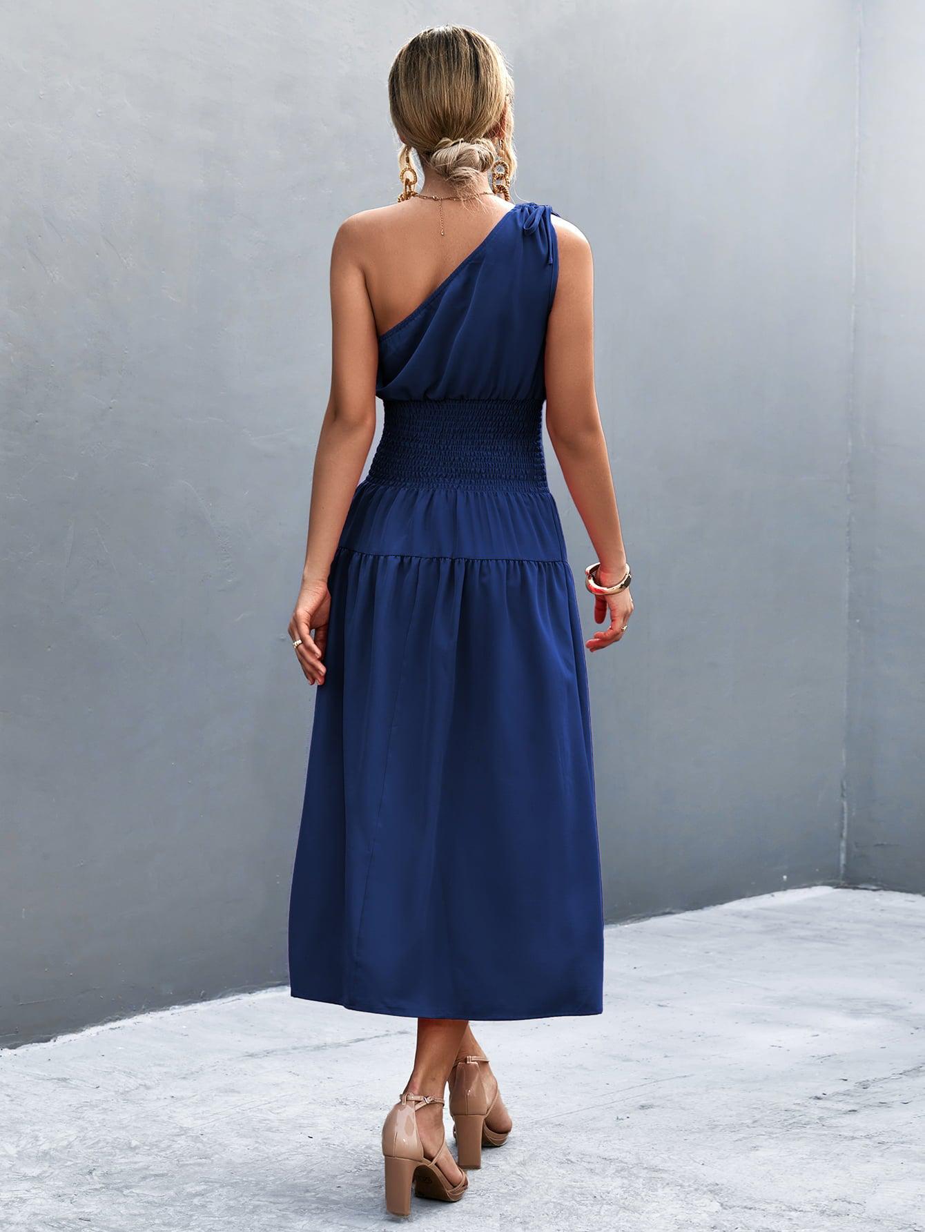 Asymmetrical One Shoulder Smocked Waist Midi Dress BLUE ZONE PLANET