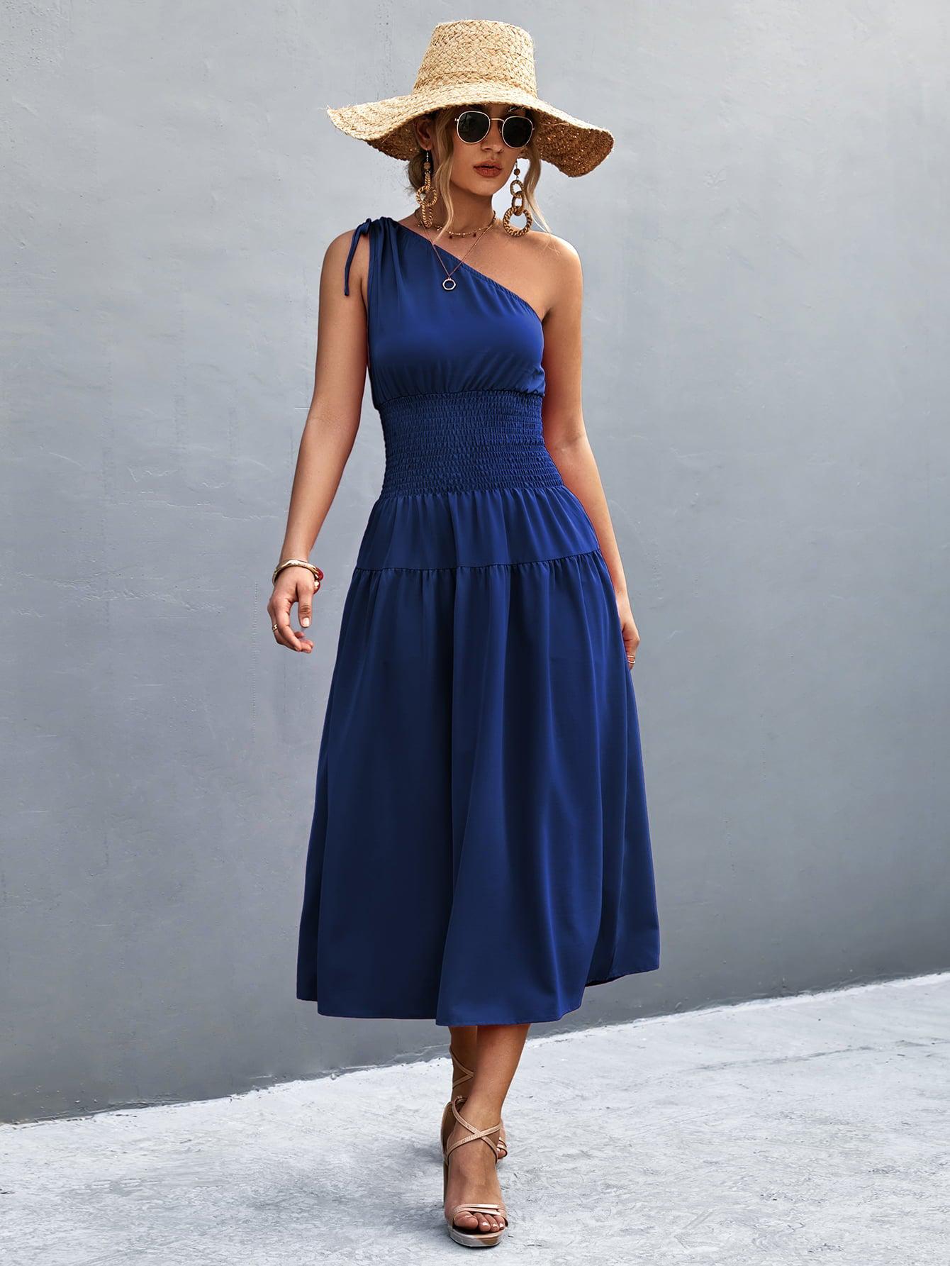 Asymmetrical One Shoulder Smocked Waist Midi Dress BLUE ZONE PLANET
