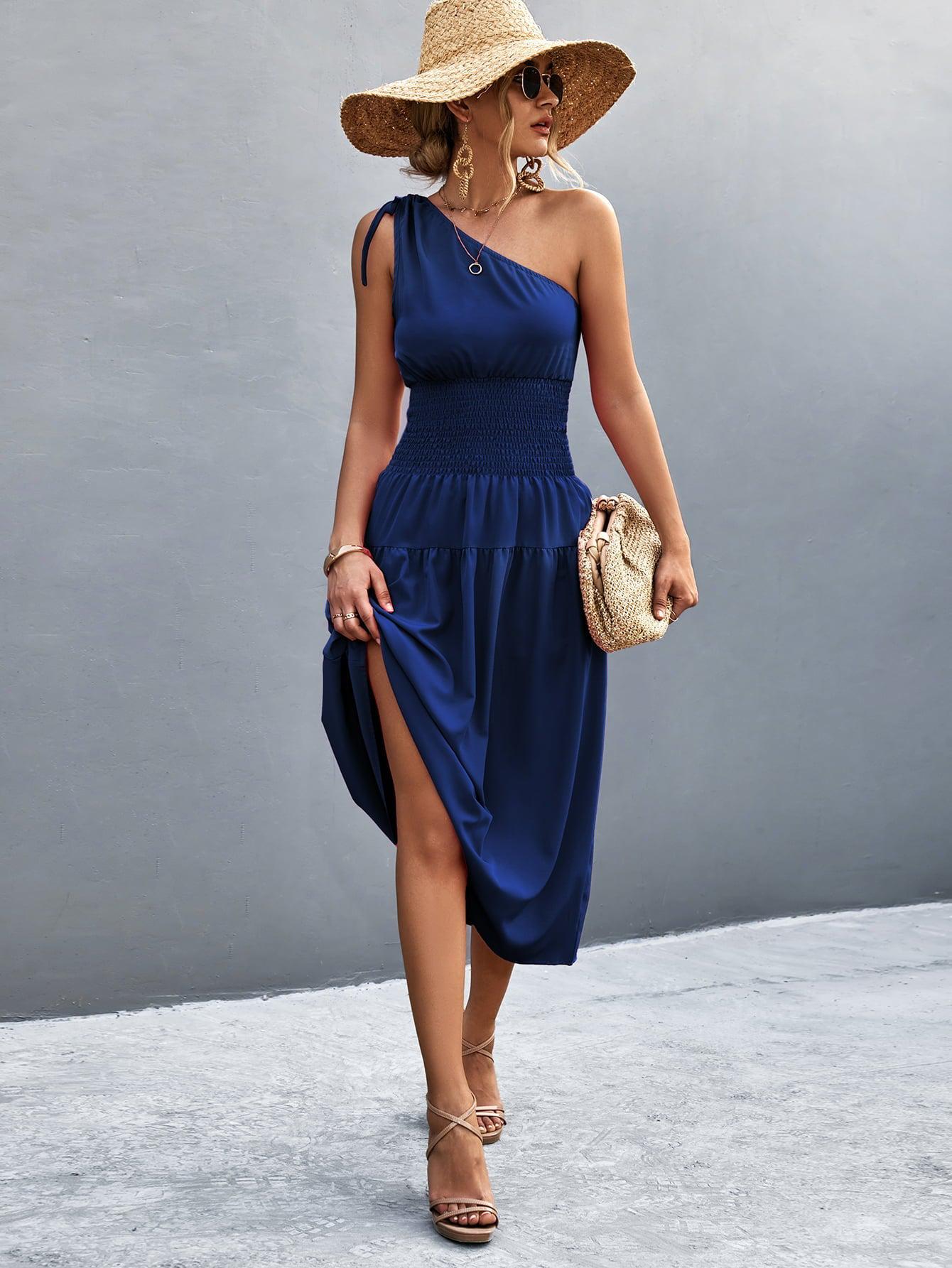 Asymmetrical One Shoulder Smocked Waist Midi Dress BLUE ZONE PLANET