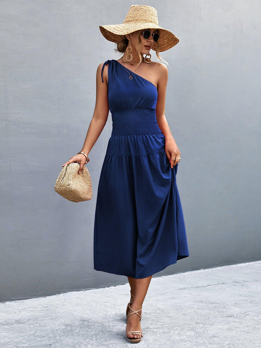 Asymmetrical One Shoulder Smocked Waist Midi Dress BLUE ZONE PLANET