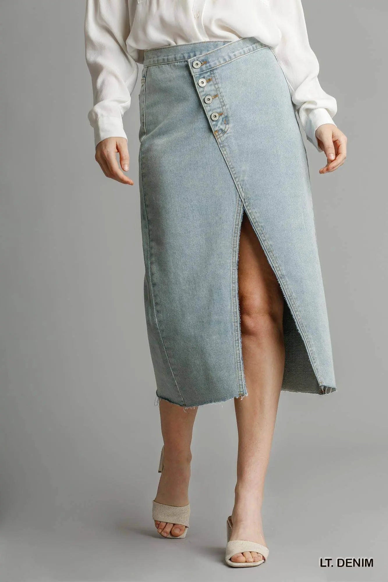 Asymmetrical Waist And Button Up Front Split Denim Skirt With Back Pockets And Unfinished Hem Blue Zone Planet