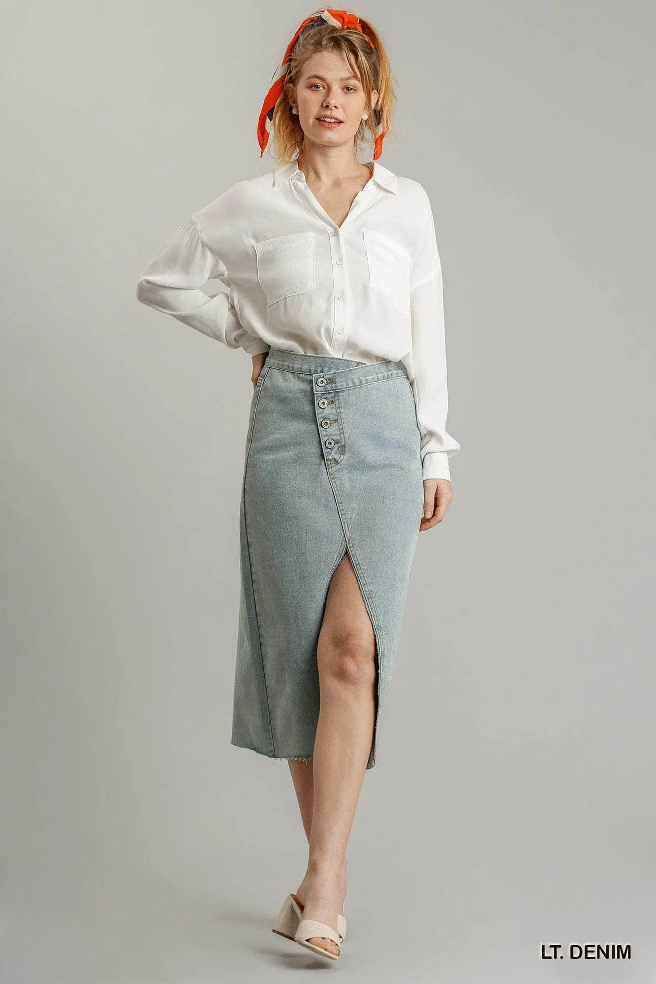 Asymmetrical Waist And Button Up Front Split Denim Skirt With Back Pockets And Unfinished Hem Blue Zone Planet