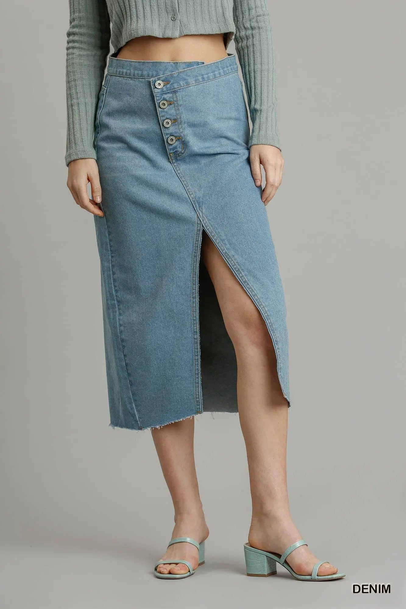 Asymmetrical Waist And Button Up Front Split Denim Skirt With Back Pockets And Unfinished Hem Blue Zone Planet