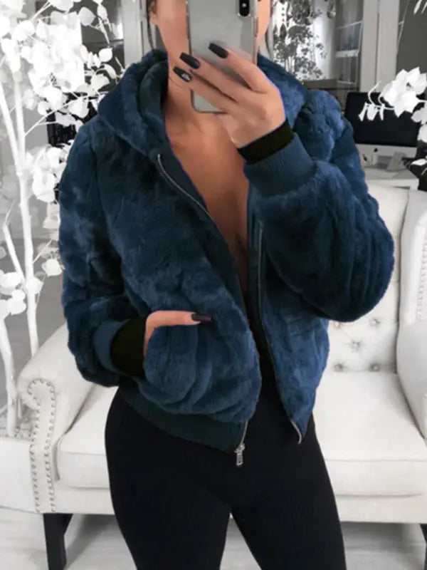 Autumn and winter furry long-sleeved hooded plush top long coat BLUE ZONE PLANET