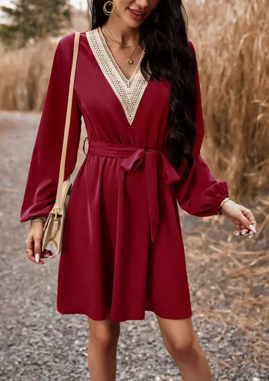 Ava's Elegant V-Neck Long-Sleeve Mini Dress kakaclo