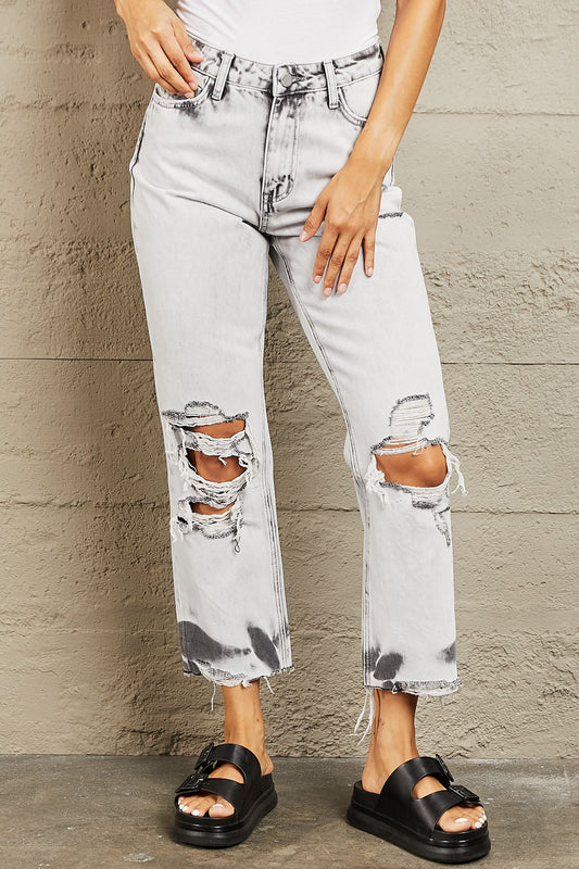 BAYEAS Acid Wash Accent Cropped Mom Jeans BLUE ZONE PLANET