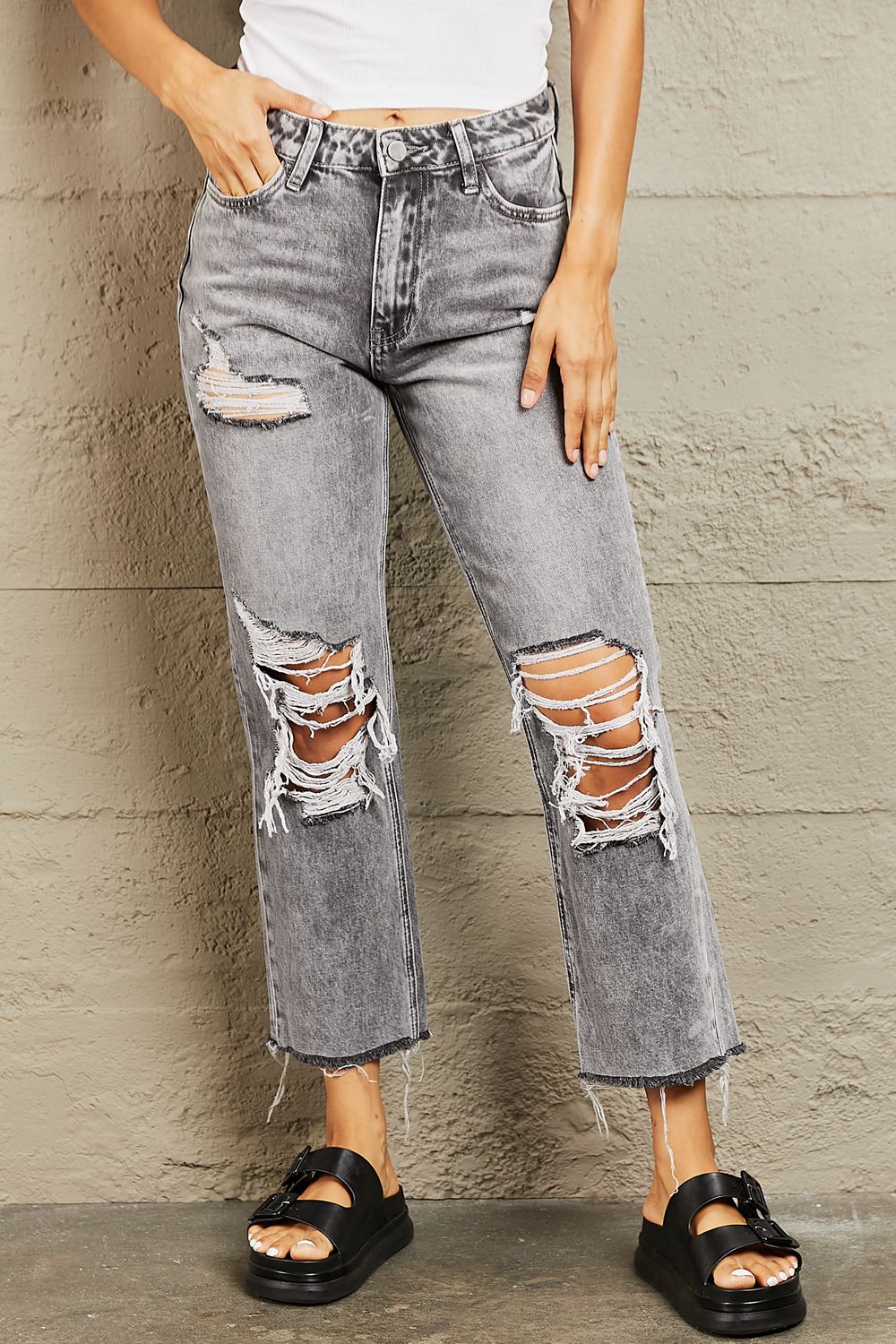 BAYEAS Acid Wash Distressed Cropped Straight Jeans BLUE ZONE PLANET