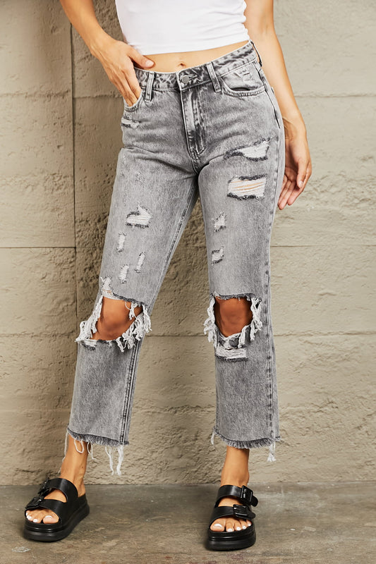 BAYEAS Acid Wash Distressed Straight Jeans BLUE ZONE PLANET