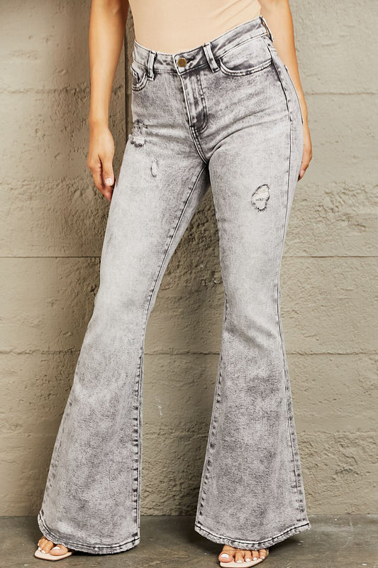 BAYEAS High Waisted Acid Wash Flare Jeans BLUE ZONE PLANET