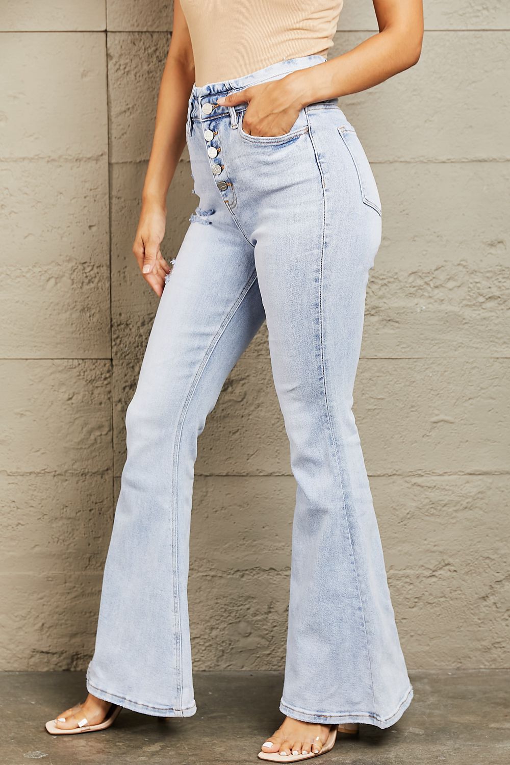 BAYEAS High Waisted Button Fly Flare Jeans BLUE ZONE PLANET