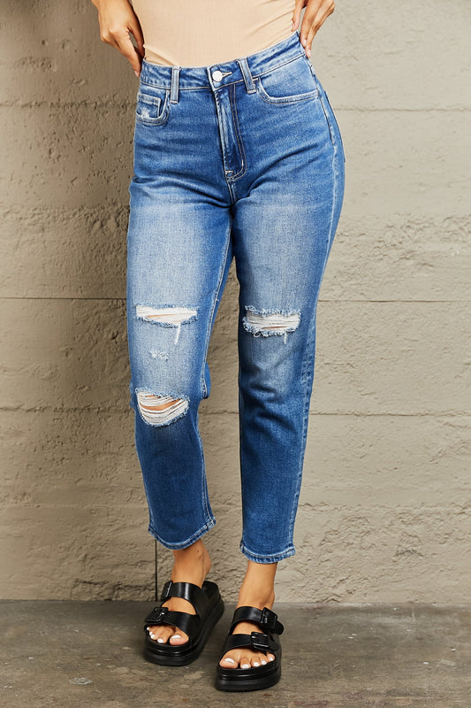 BAYEAS High Waisted Cropped Dad Jeans BLUE ZONE PLANET