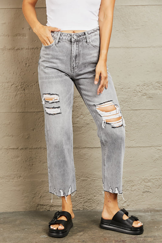 BAYEAS High Waisted Cropped Mom Jeans BLUE ZONE PLANET