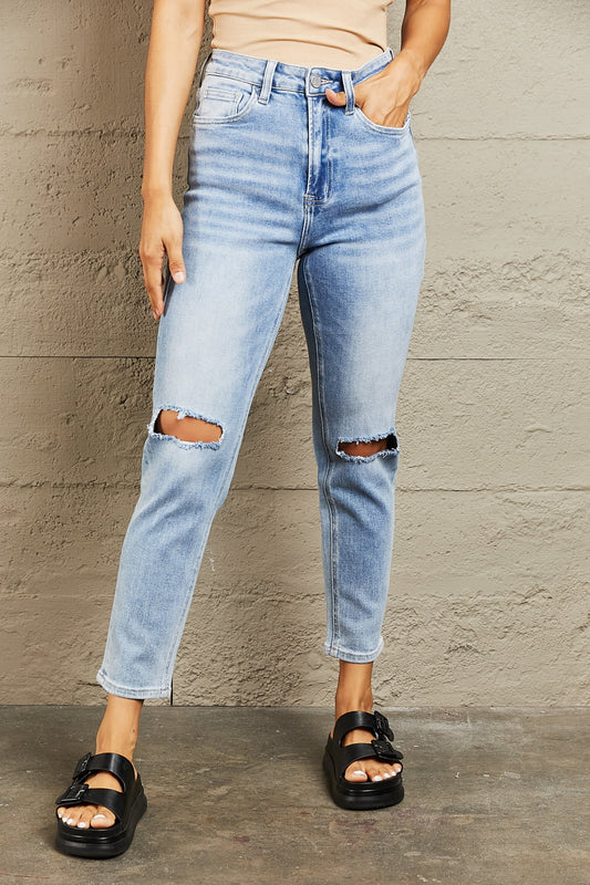 BAYEAS High Waisted Distressed Slim Cropped Jeans BLUE ZONE PLANET