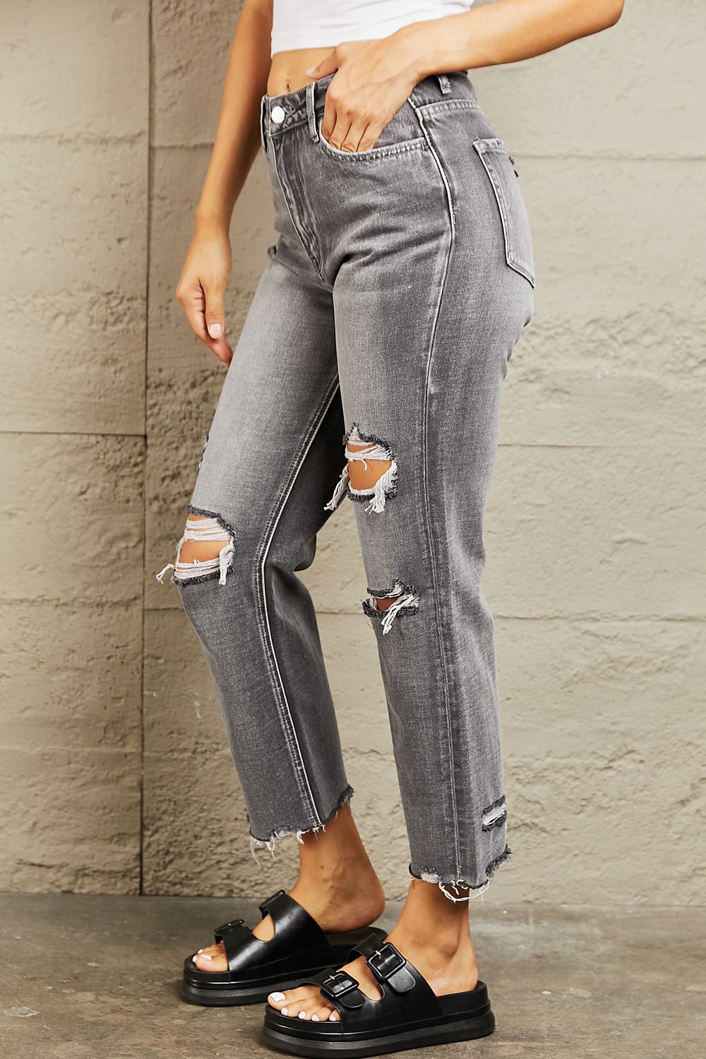 BAYEAS Mid Rise Distressed Cropped Dad Jeans BLUE ZONE PLANET