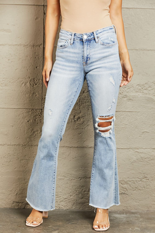 BAYEAS Mid Rise Distressed Flare Jeans BLUE ZONE PLANET