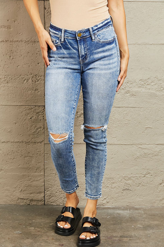 BAYEAS Mid Rise Distressed Skinny Jeans BLUE ZONE PLANET