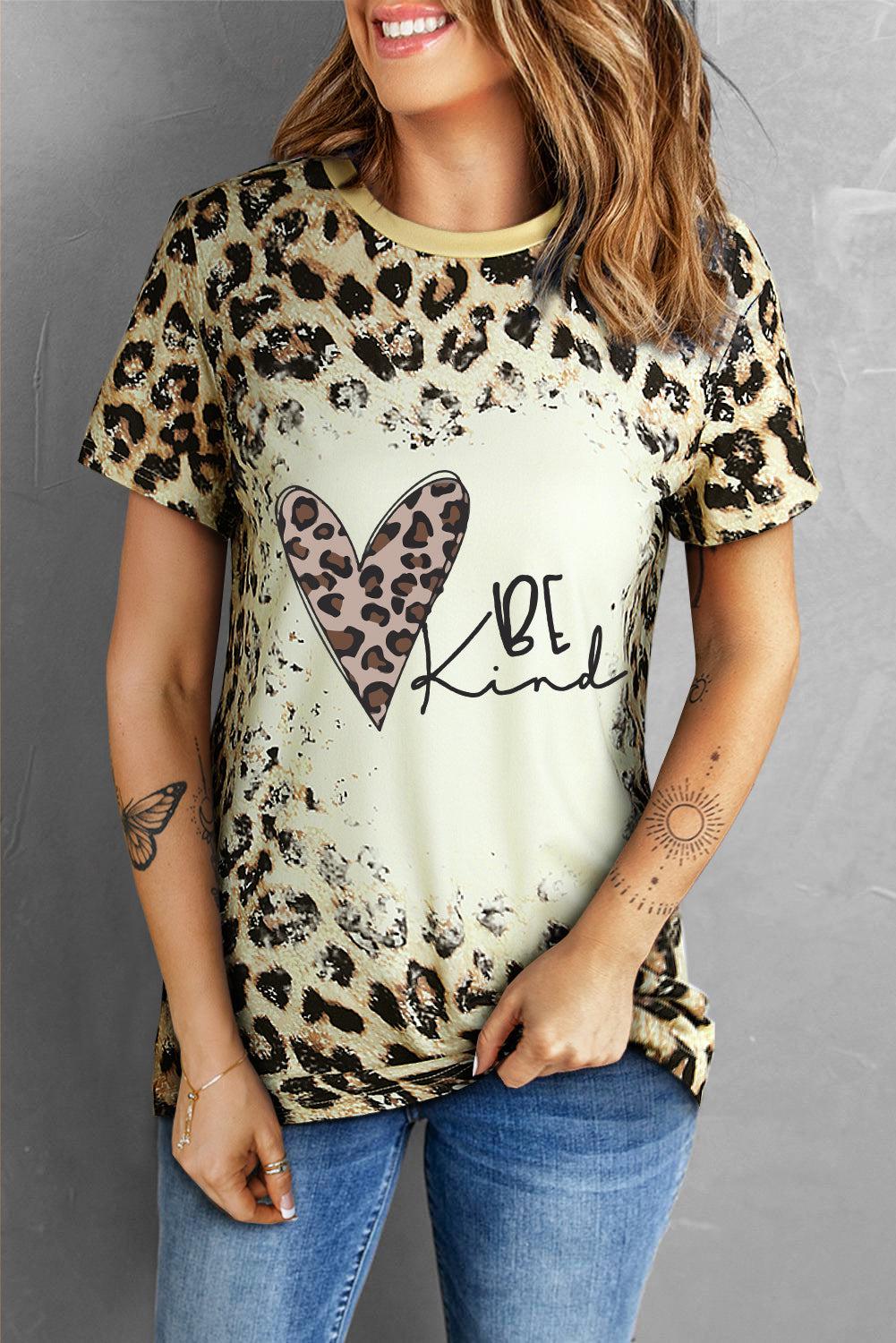 BE KIND Heart Graphic Leopard Round Neck Tee BLUE ZONE PLANET