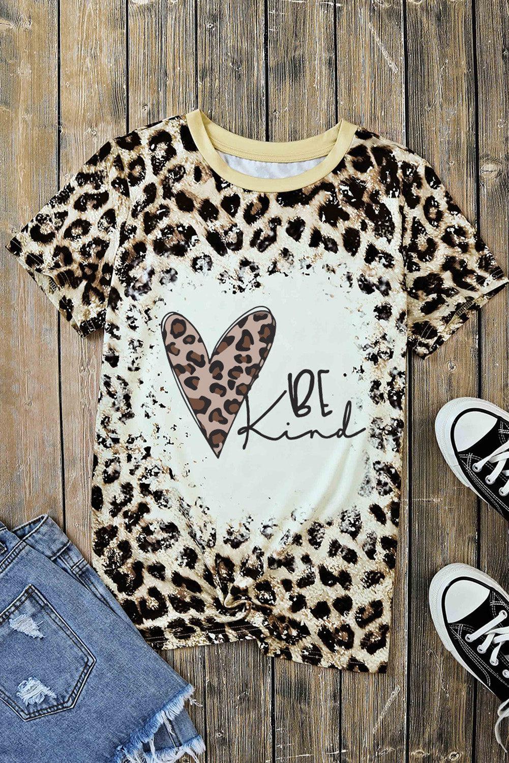 BE KIND Heart Graphic Leopard Round Neck Tee BLUE ZONE PLANET