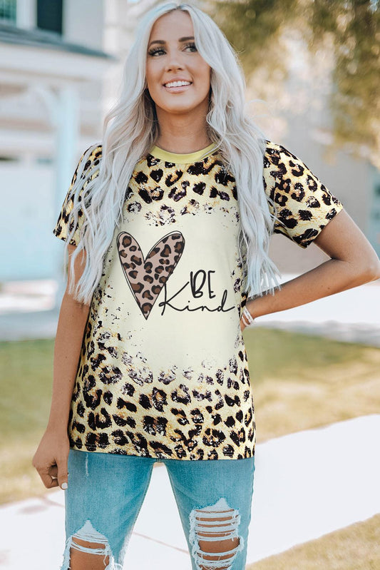 BE KIND Heart Graphic Leopard Round Neck Tee BLUE ZONE PLANET