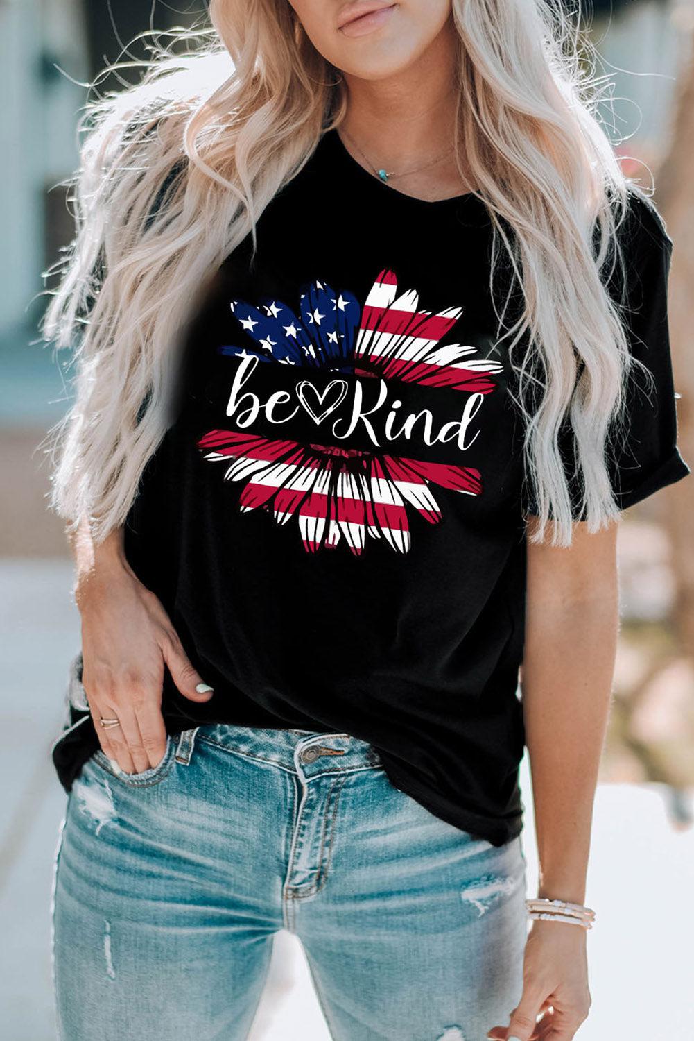 BE KIND US Flag Graphic Round Neck Tee BLUE ZONE PLANET