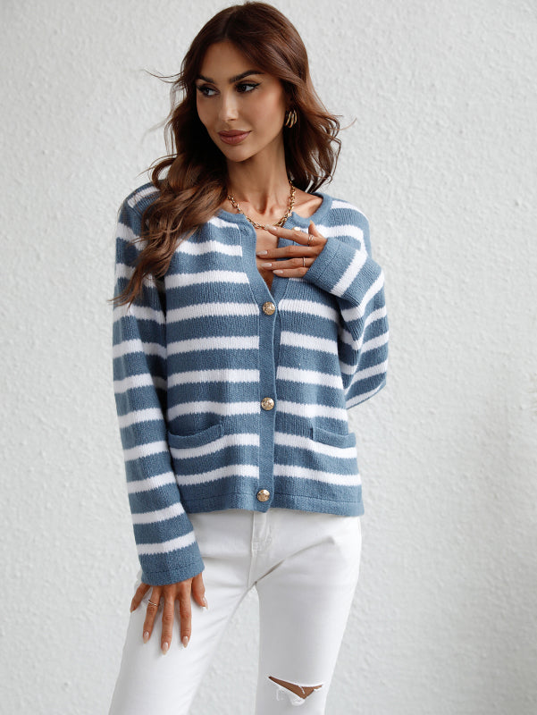 Blue Zone Planet |  Women's Striped Loose Knit Single Breasted Cardigan Sweater BLUE ZONE PLANET