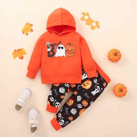 BOO Graphic Long Sleeve Hoodie and Printed Pants Set BLUE ZONE PLANET