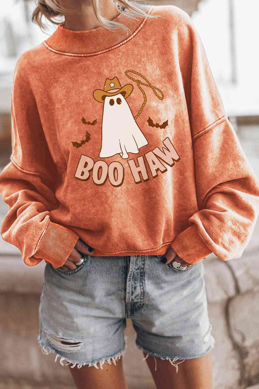 BOO HAW Ghost Graphic Dropped Shoulder Round Neck Sweatshirt BLUE ZONE PLANET