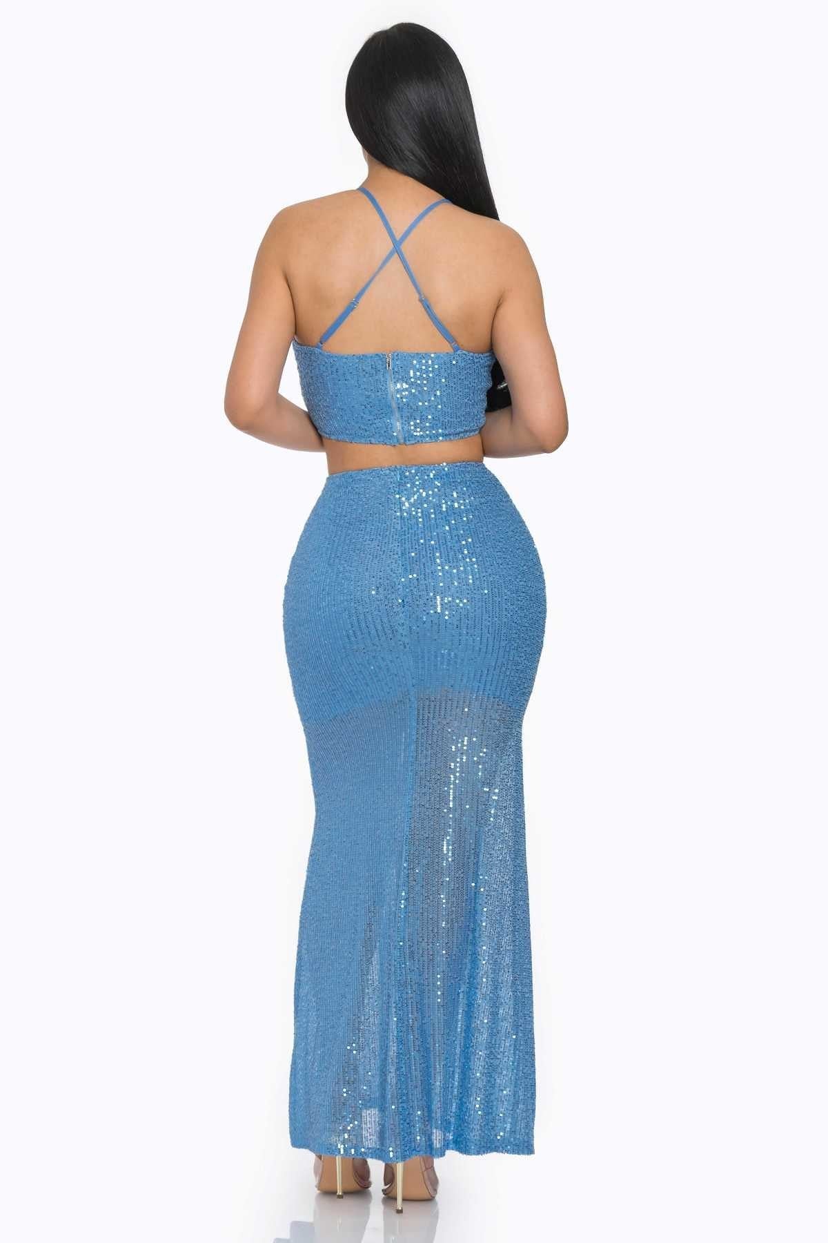 Baby Blue Sexy Back Sequin Maxi Dress Blue Zone Planet