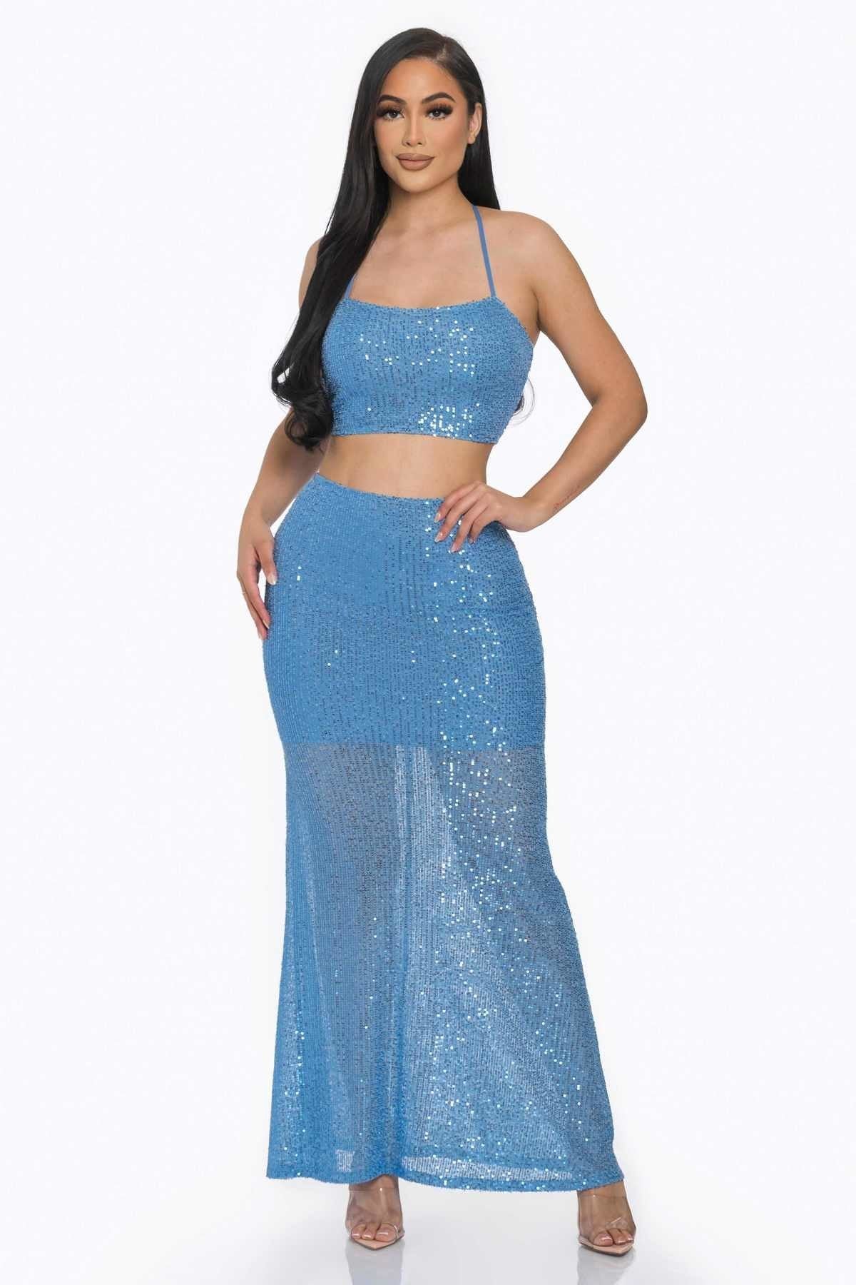 Baby Blue Sexy Back Sequin Maxi Dress Blue Zone Planet
