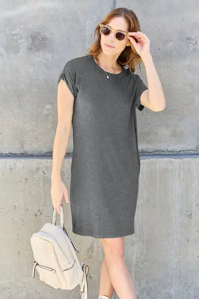 Basic Bae Full Size Round Neck Short Sleeve Dress with Pockets BLUE ZONE PLANET