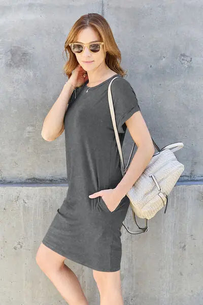 Basic Bae Full Size Round Neck Short Sleeve Dress with Pockets BLUE ZONE PLANET