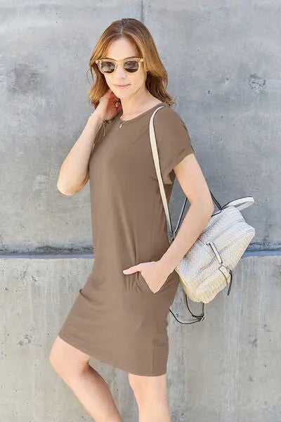 Basic Bae Full Size Round Neck Short Sleeve Dress with Pockets BLUE ZONE PLANET