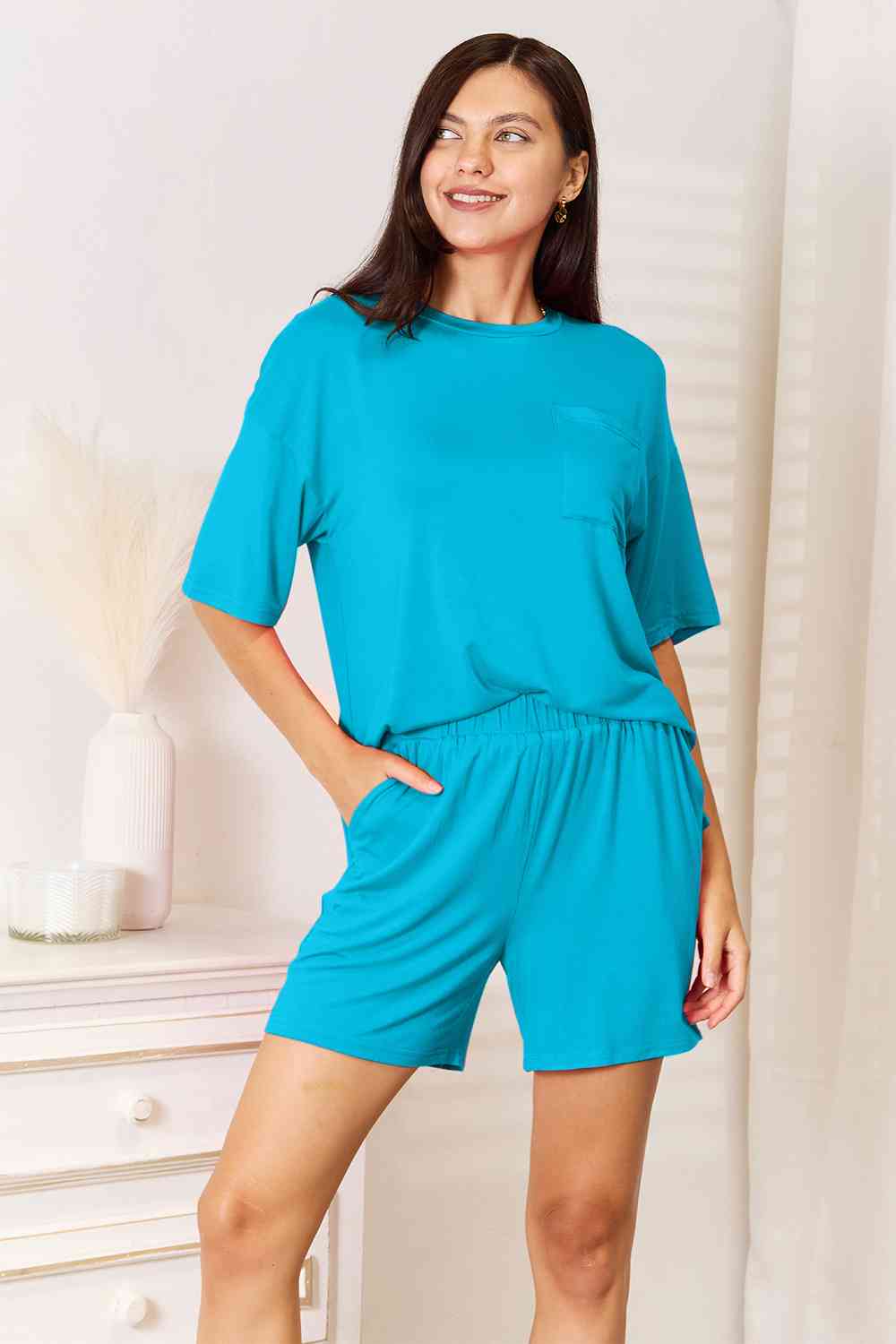 Basic Bae Full Size Soft Rayon Half Sleeve Top and Shorts Set BLUE ZONE PLANET