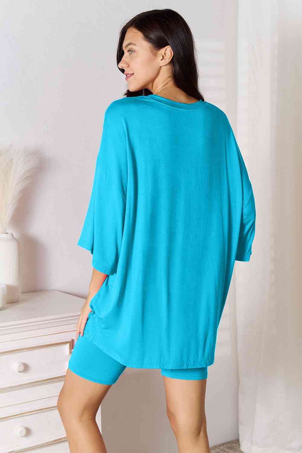 Basic Bae Full Size Soft Rayon Three-Quarter Sleeve Top and Shorts Set BLUE ZONE PLANET