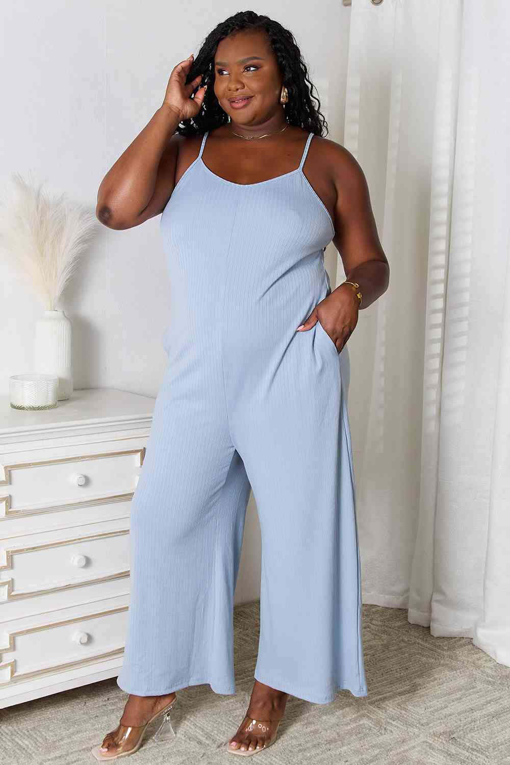 Basic Bae Full Size Spaghetti Strap V-Neck Jumpsuit BLUE ZONE PLANET