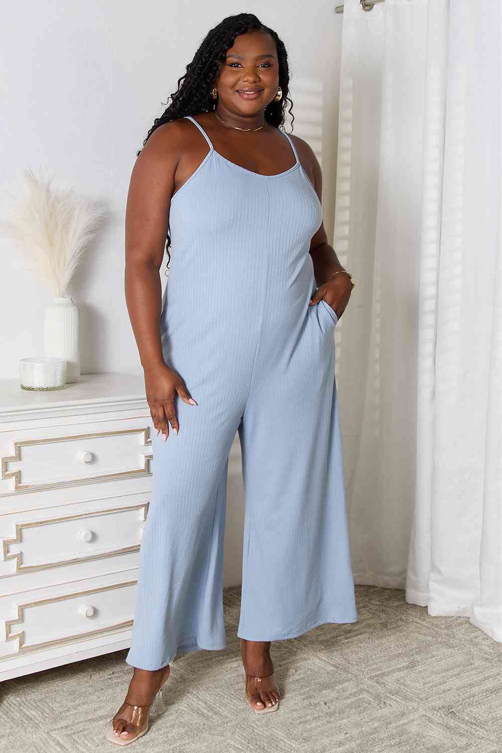 Basic Bae Full Size Spaghetti Strap V-Neck Jumpsuit BLUE ZONE PLANET