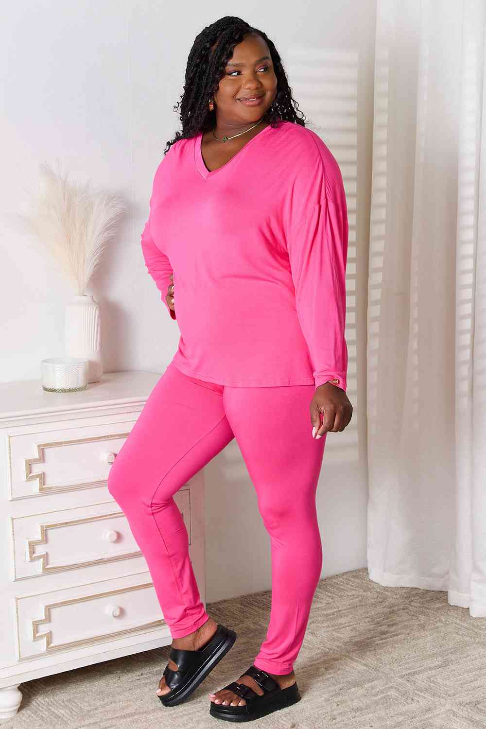 Basic Bae Full Size V-Neck Soft Rayon Long Sleeve Top and Pants Lounge Set BLUE ZONE PLANET