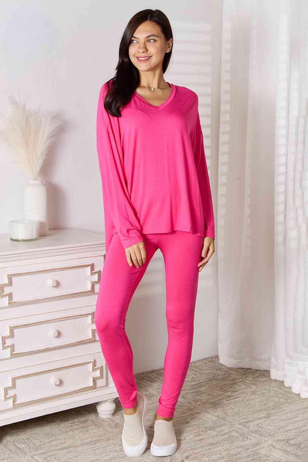 Basic Bae Full Size V-Neck Soft Rayon Long Sleeve Top and Pants Lounge Set BLUE ZONE PLANET