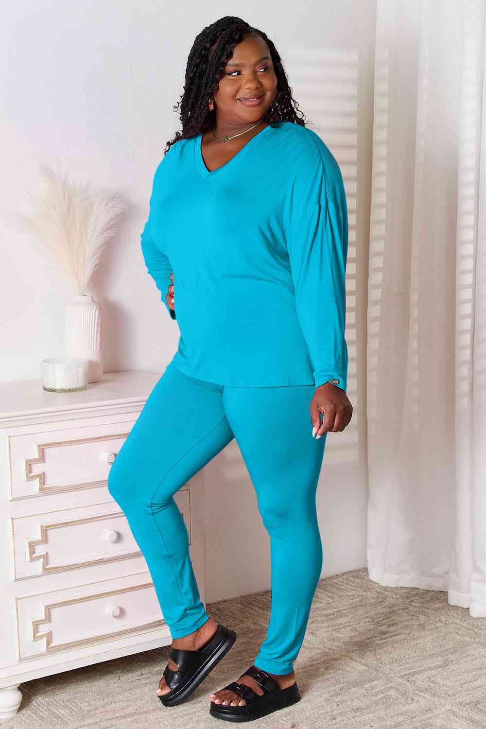 Basic Bae Full Size V-Neck Soft Rayon Long Sleeve Top and Pants Lounge Set BLUE ZONE PLANET