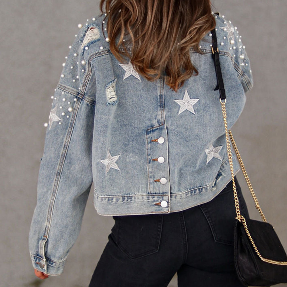 Bead Detail Denim Jacket BLUE ZONE PLANET