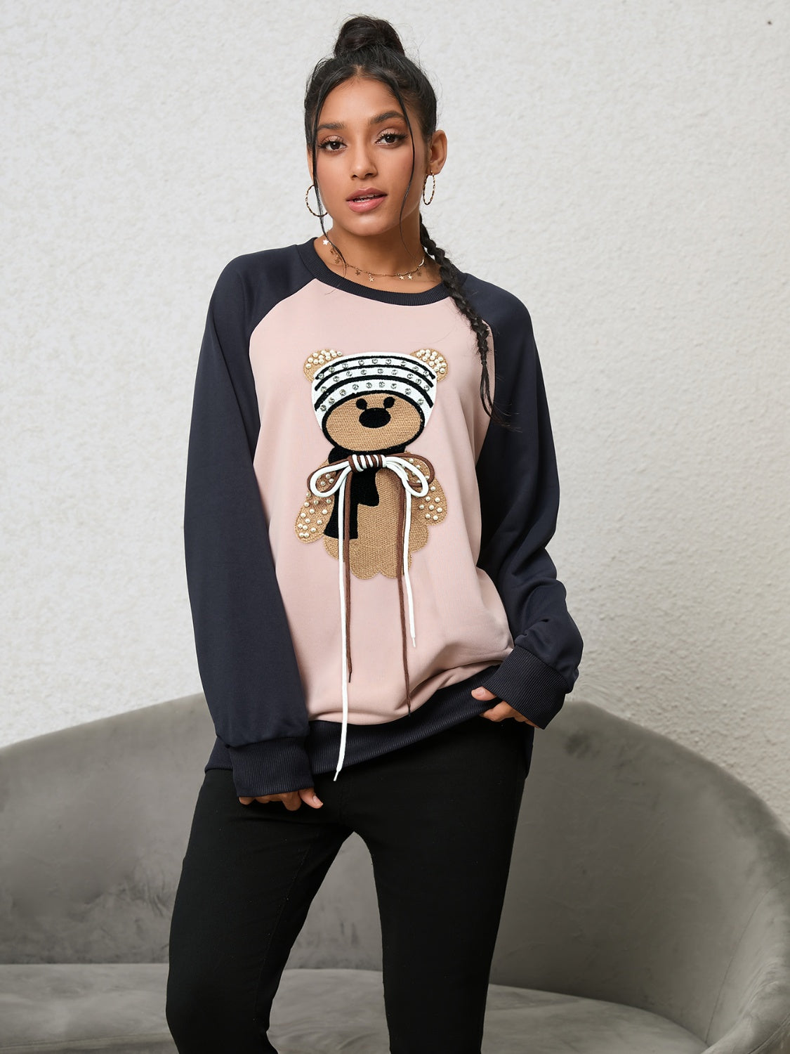 Bear Graphic Raglan Sleeve Sweatshirt BLUE ZONE PLANET