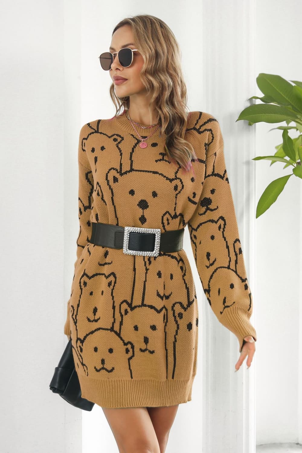 Bear Pattern Round Neck Sweater Dress BLUE ZONE PLANET