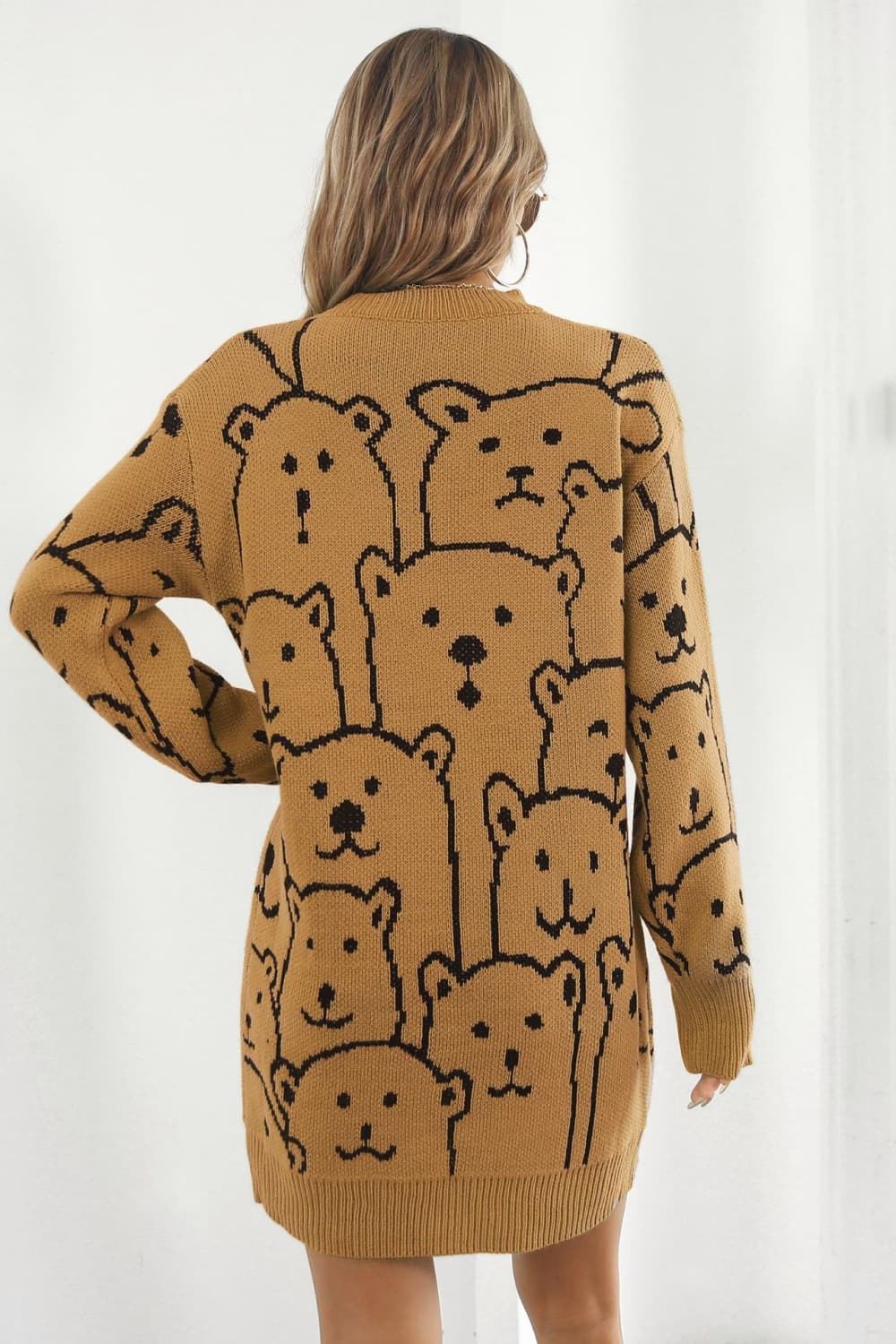 Bear Pattern Round Neck Sweater Dress BLUE ZONE PLANET