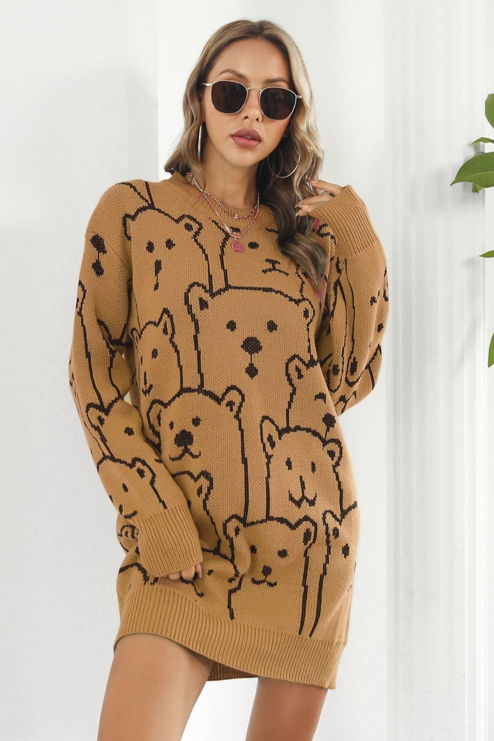 Bear Pattern Round Neck Sweater Dress BLUE ZONE PLANET