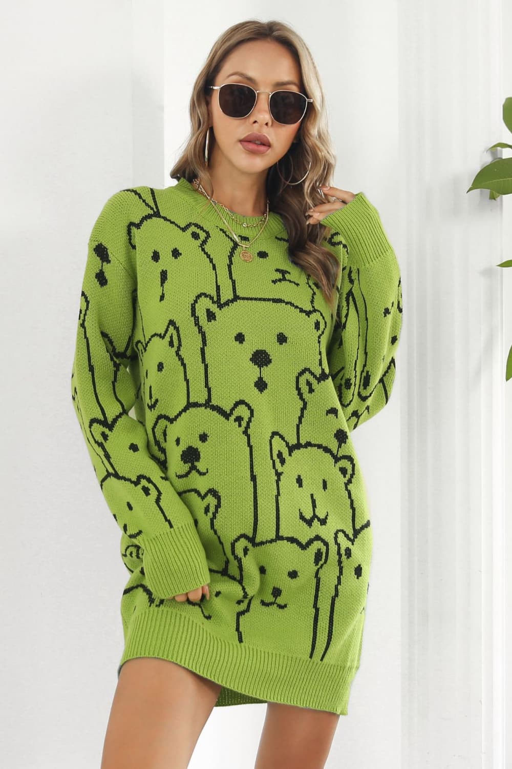 Bear Pattern Round Neck Sweater Dress BLUE ZONE PLANET