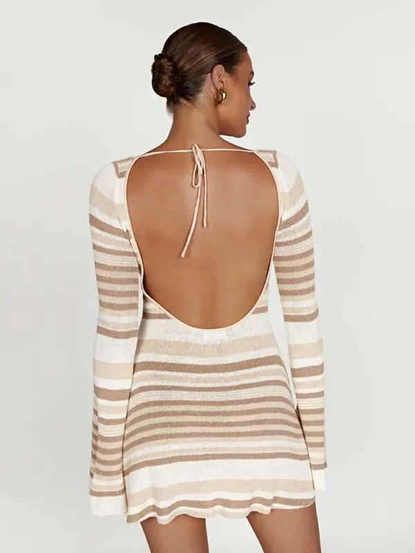 backless striped dress Bohemian Chic: Women's Striped Spaghetti Strap Backless A-Line Dress for Effortless Beach and Casual Outings