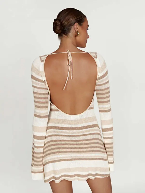 Bell sleeve backless striped knitted mini dress kakaclo