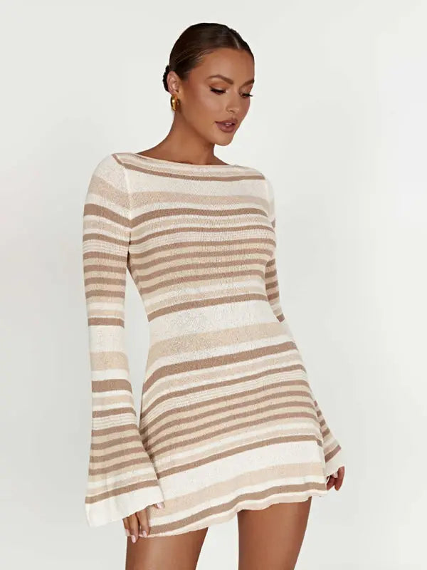 Bell sleeve backless striped knitted mini dress kakaclo